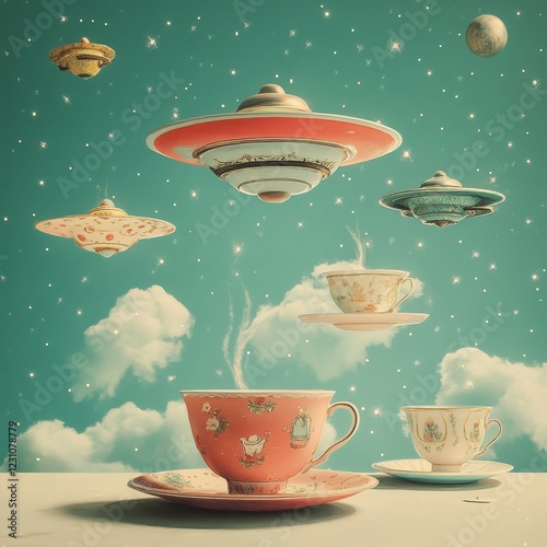 Teacups and Flying Saucers in a Dreamlike Space photo