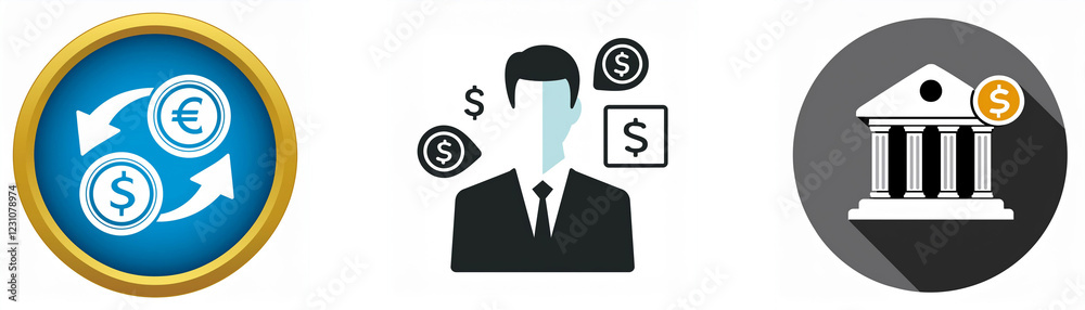 Image depicts currency exchange, a businessman, and a bank, symbolizing finance and banking services. Image depicts currency exchange, a businessman, and a bank, symbolizing finance and banking services.