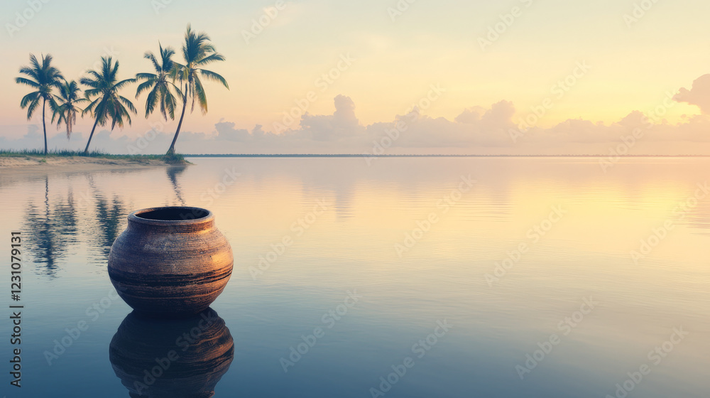 Serene sunrise over calm water, a large clay pot floats gently, palm trees silhouette the tranquil scene. Serene sunrise over calm water, a large clay pot floats gently, palm trees silhouette the tranquil scene.