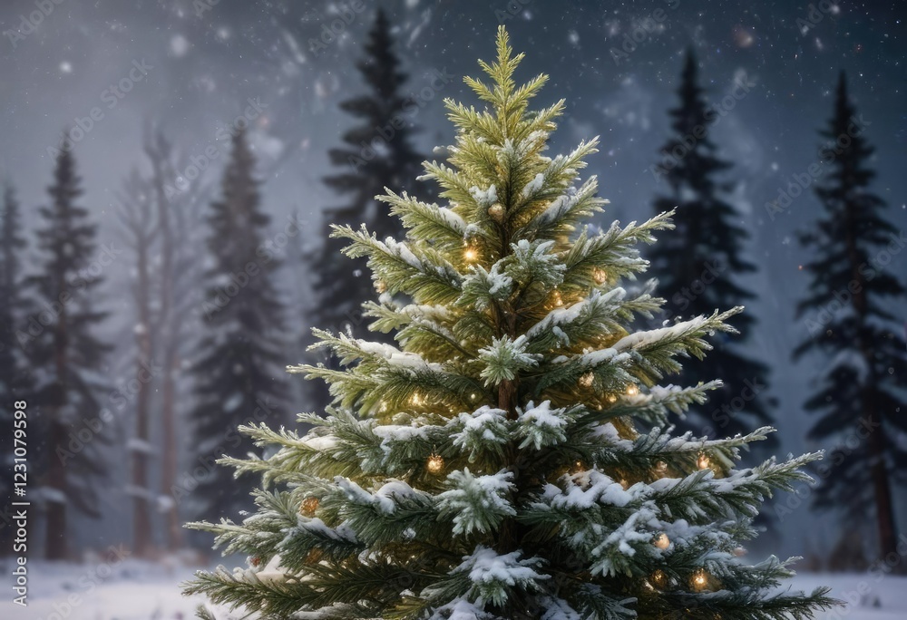 Obraz premium Pine Christmas tree with snowflakes gently falling on its branches , frosty conditions, peaceful atmosphere, serene landscape