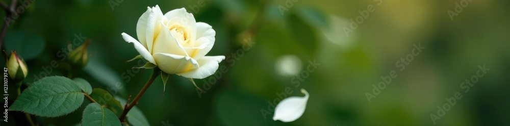 Fototapeta A single white rose petals fall from a thorny bush, closeup, wild rose