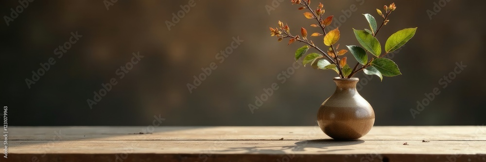 A small vase with branches and leaves on a wooden table centerpiece, delicate, wood, branches A small vase with branches and leaves on a wooden table centerpiece, delicate, wood, branches