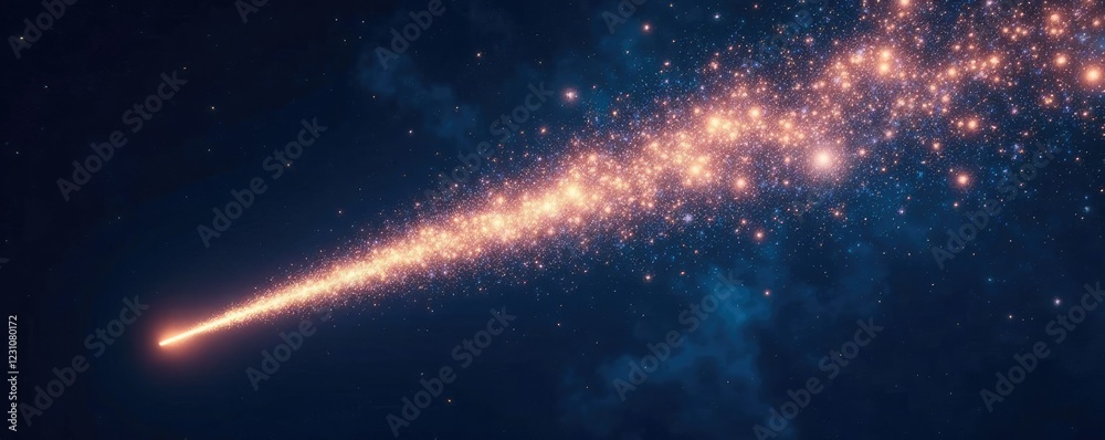 A sparkling silver meteor streaks across the night sky with glittering stardust, meteor, weather, space