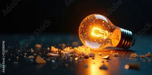 A solitary light bulb shatters on the floor in a flash of radiant light, shards, glass, intensity photo