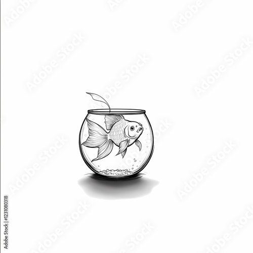 A hand-drawn goldfish swimming in a simple round fishbowl. photo