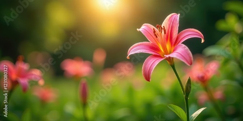 A stunning pink lily plant rises above the lush greenery in the sun, garden, flowers photo