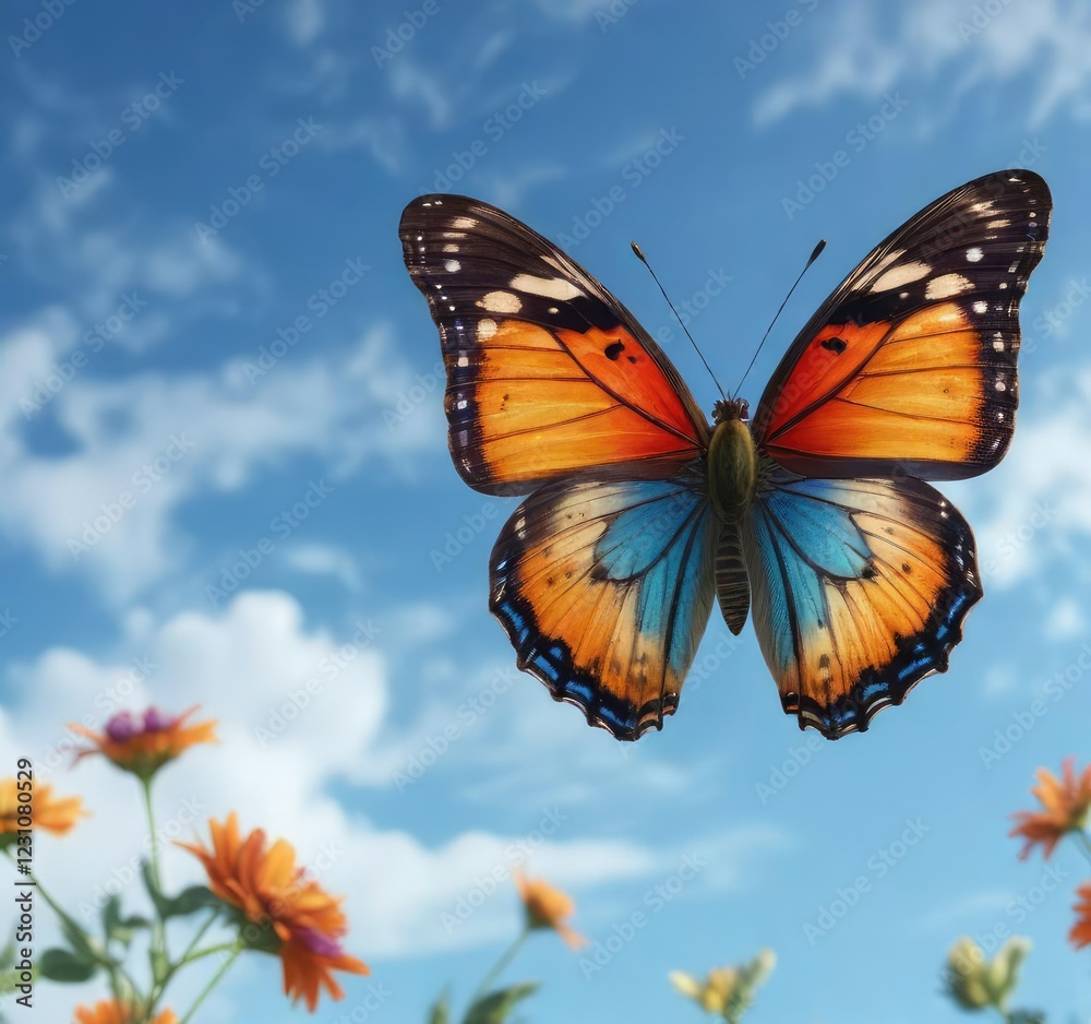 Fototapeta premium Polydamas butterfly in flight against a bright blue sky, outdoor photography, butterfly