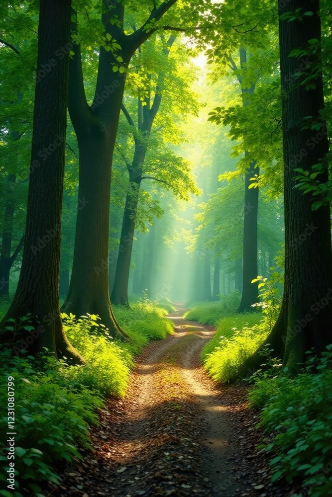 Obraz premium A winding dirt path leads through a forest of towering trees with sunlight filtering through the leaves, leaves, light
