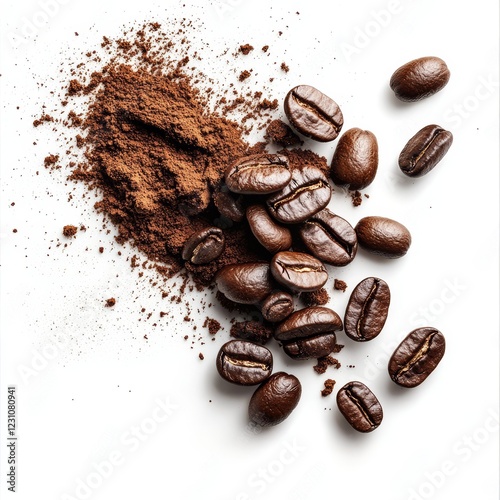 Roasted coffee beans and ground coffee powder on white background.