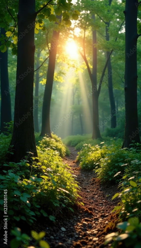 Fototapeta premium Dappled sunlight on forest floor amidst trees, dappled, sunlight filtering, sunlight