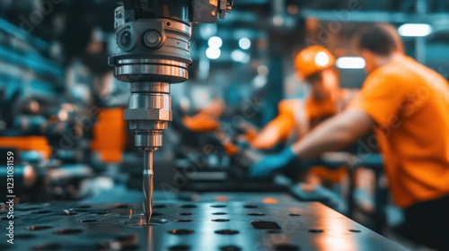 Industrial Workshop Scene Showcasing Precision Machinery and Skilled Workers Engaged in Metal Fabrication Processes in a Modern Manufacturing Facility photo