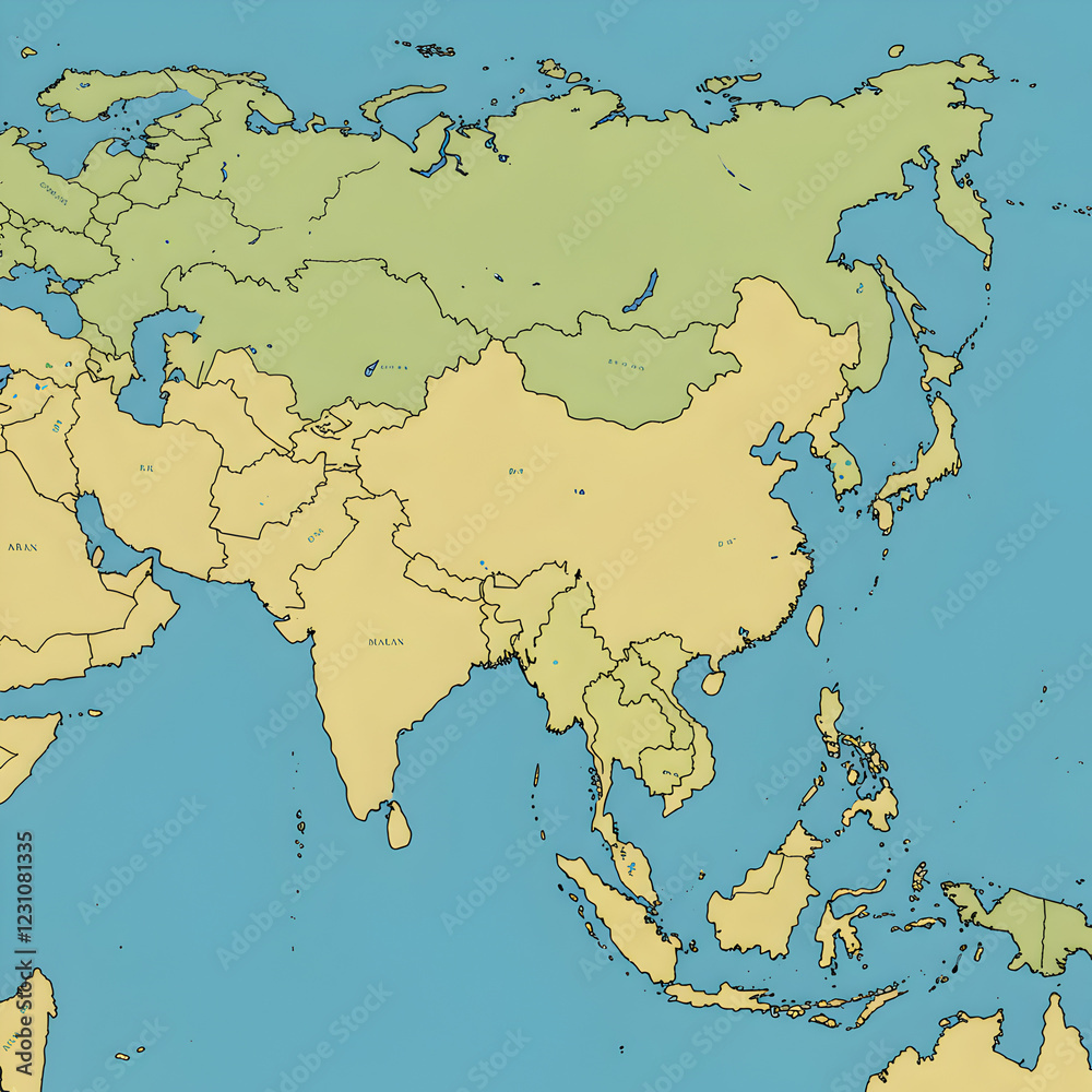 Obraz premium Detailed Map of Asia Highlighting Geographical Features and Regi