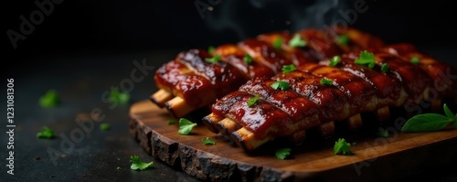 dark background with saucy ribs and wood fire, grilled, smoky, juicy pork photo