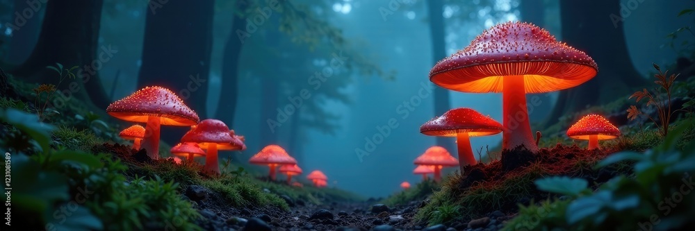 Fototapeta premium Dark forest with misty atmosphere and glowing mushroom caps, fungal kingdom, mystical forest