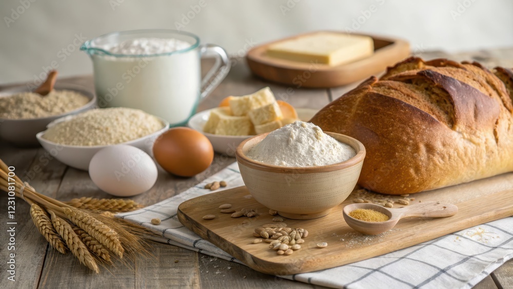 A Rustic Still Life Featuring Freshly Baked Bread, Flour, and Baking Ingredients A Rustic Still Life Featuring Freshly Baked Bread, Flour, and Baking Ingredients