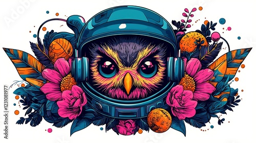 Colorful owl in an astronaut helmet surrounded by vibrant flowers and fruits, symbolizing adventure photo