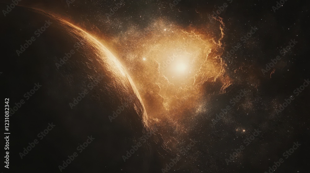 Obraz premium Planetary Surface Illuminated By A Distant Golden Nebula