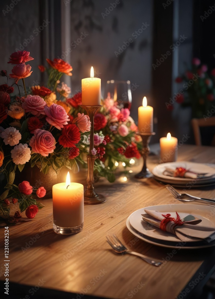 romantic candlelit dinner on a table with flowers, intimate, table decor, flowers romantic candlelit dinner on a table with flowers, intimate, table decor, flowers