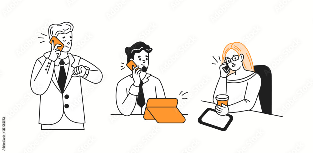 Office workers talk on phones solving work tasks color linear icons collection. Businesspeople use modern devices doodle characters on white Office workers talk on phones solving work tasks color linear icons collection. Businesspeople use modern devices doodle characters on white
