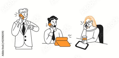 Office workers talk on phones solving work tasks color linear icons collection. Businesspeople use modern devices doodle characters on white