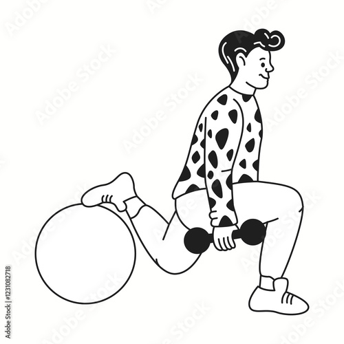 Man performs split squat with dumbbell and fit-ball linear icon. Sportsman enjoys fitness doodle character doodle thin line illustration