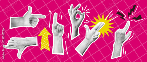 Various hand gestures art collage halftone vector illustration set. Showing support and right direction by body language on pink background