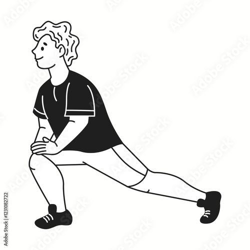 Young sportsman in shorts stretches legs linear icon. Smiling man performs fitness exercise doodle character doodle thin line illustration