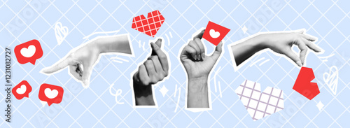 Hands expressing love art collage halftone vector illustration set. Sharing hearts on social media for online relationships on blue background