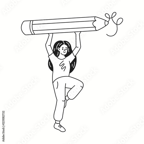 Young woman holds oversized pencil overhead linear icon. Creative female draws curving line doodle character doodle thin line illustration