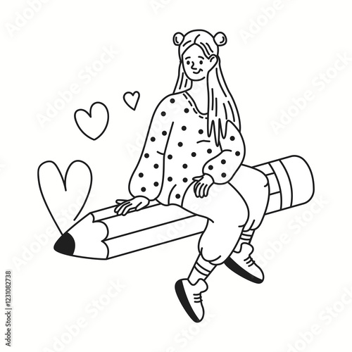 Woman enjoys flight on giant pencil linear icon. Female surrounded by hearts representing love for art doodle character doodle thin line illustration