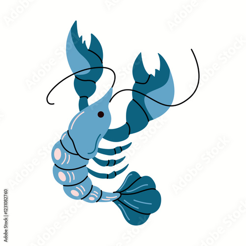 Blue crayfish with segmented tail and big claws flat color vector character. Rare delicacy in gourmet cuisine illustration on white background