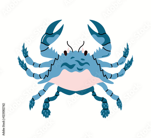 Charming blue crab shows claws and legs flat color vector character. Delightful addition to books of children illustration on white background