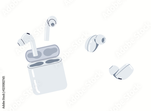 Earbuds with charging case flat color vector icon set. Modern portable audio technology for music lovers objects pack on white background