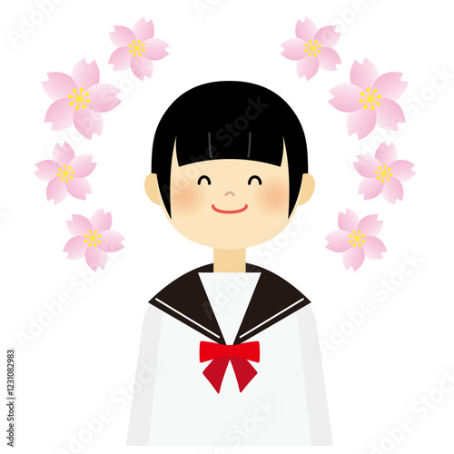 桜と笑顔を見せるセーラー服の女の子のイラスト