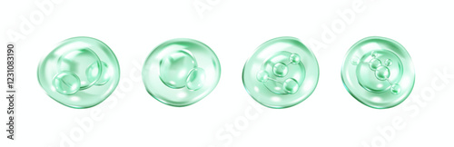 Collagen molecules bouncing inside green bubbles realistic color icons set. Skin rejuvenation care 3d objects bundle on white background