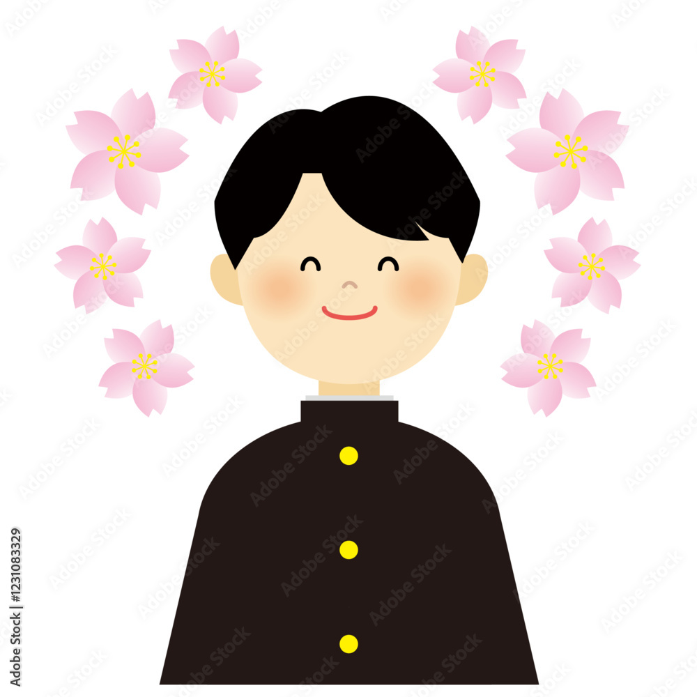 桜の下で笑顔を見せる学ランの男の子のイラスト