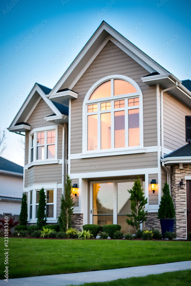 Luxury Dream Home Exterior: Modern Architectural Design, Landscaping, and Evening Twilight. A perfect family residence with elegant facade and contemporary style. Luxury Dream Home Exterior: Modern Architectural Design, Landscaping, and Evening Twilight. A perfect family residence with elegant facade and contemporary style.