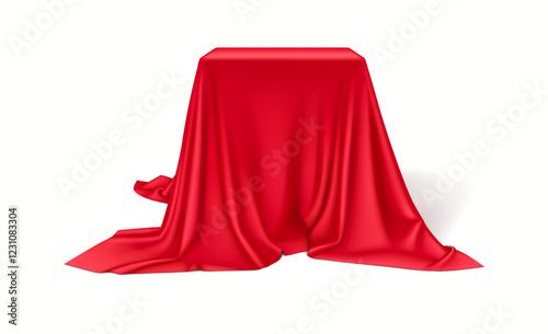 Smooth elegant red silk cloth covering cubic pedestal realistic vector illustration. Anticipation for grand event 3d object on white background