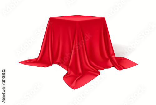 Elegant red silk fabric draping over cube realistic vector illustration. Hiding surprise box under crimson cloth 3d object on white background