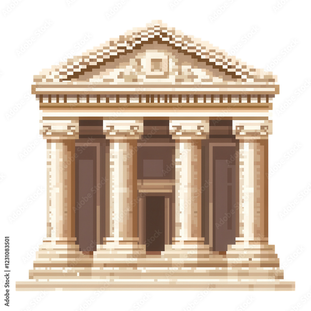 Obraz premium Pixel art bank building icon, featuring classic pillars, ideal for finance and institution designs, transparent background for versatile use