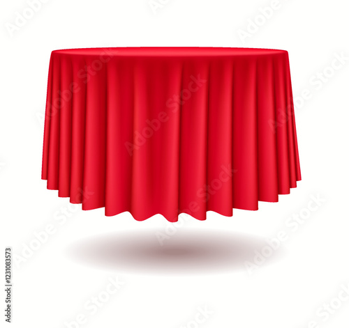 Round table with red tablecloth realistic vector illustration. Ceremonial dining event celebrations podium 3d object on white background