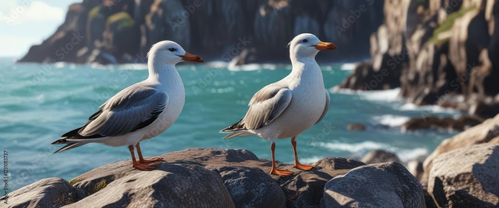 Obraz premium Seabird with distinctive plumage on rocky shore, seabird, brown pelican