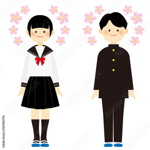 桜と制服を着た学生のイラスト