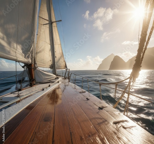 Sea spray and sunlight on the deck of a sailboat cruising along St Lucia's stunning coastline, st lucia, sea spray, cruising