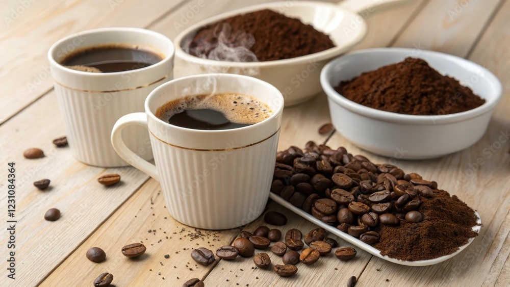 Aromatic Cups of Freshly Brewed Coffee with Roasted Beans and Ground Coffee