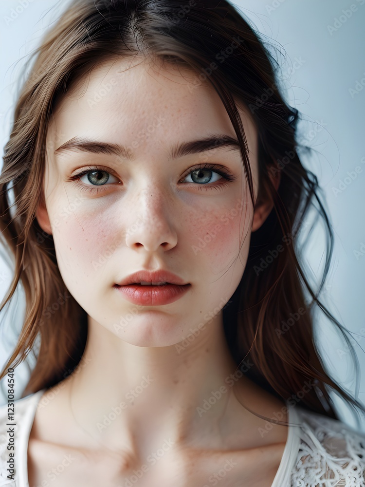 A close-up portrait of a young woman with a soft expression set against a plain light blue background A close-up portrait of a young woman with a soft expression set against a plain light blue background