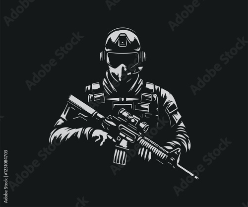 Soldier with assault rifle vector illustration isolated on black background. Army soldier in bulletproof vest and helmet.