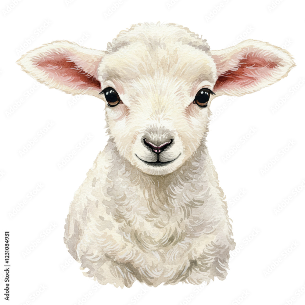 Fototapeta premium Adorable Baby Lamb Watercolor Portrait Sweet Fluffy Animal Farm Art Pet Cute Soft Sheep Young White 