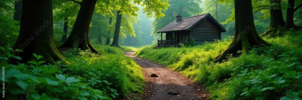 Moss-covered pathway leads to a secluded cabin, quiet, foliage, trees