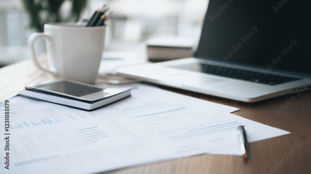 Desk Workspace: A close-up shot of a workspace featuring a laptop, papers, a smartphone, and a coffee mug, evoking a sense of productivity and organization. Desk Workspace: A close-up shot of a workspace featuring a laptop, papers, a smartphone, and a coffee mug, evoking a sense of productivity and organization.